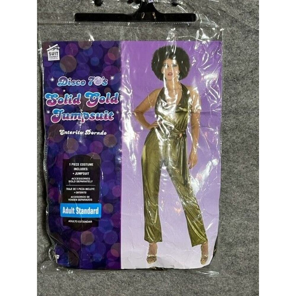 Womens 70s Disco‎ Halloween Costume Solid Gold Jumpsuit Retro Glam Party Glitzy
